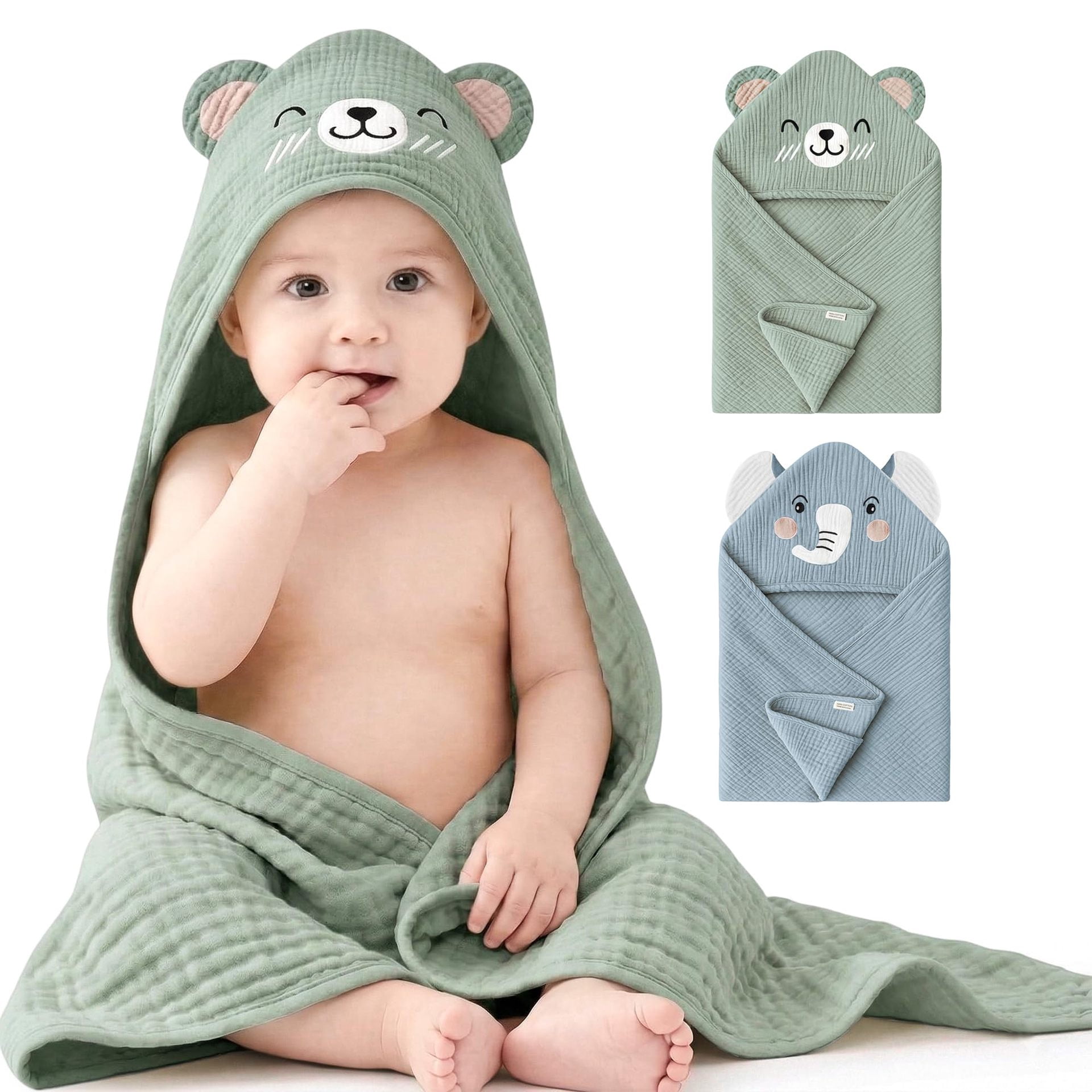 WIBACKER Baby 100% Cotton Muslin Cartoon Hooded Bath 2 Pack-32 x 32 Inches Towels Soft & Absorbent Bath Towel for Newborn Infant Essential Baby Gift