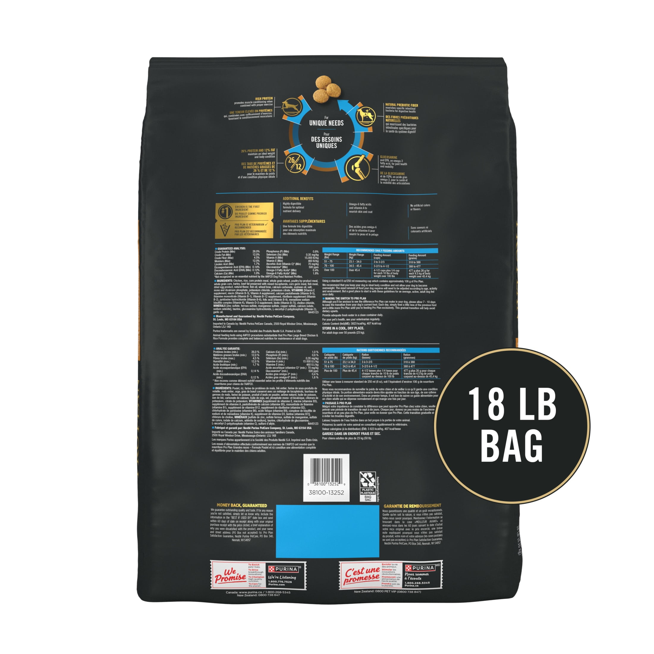 Purina Pro Plan Dry Dog Food for Large Adult Dogs High Protein,  Real Chicken & Rice, 18 lb Bag
