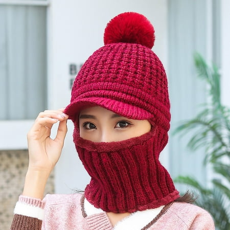 

Jialili Women s Cold-Proof Neck Protection One-Piece Hat Warm Knitted Hat Wine Free