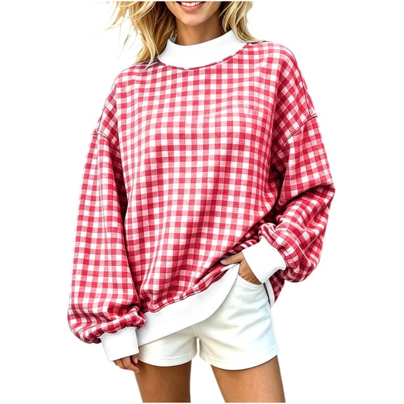 Htigea Womens Plaid Sweatshirts Oversized Long Sleeve Contrast Color Mock Neck Pullover Slouchy Drop Shoulder Top Casual Daily Fall Wear Red S