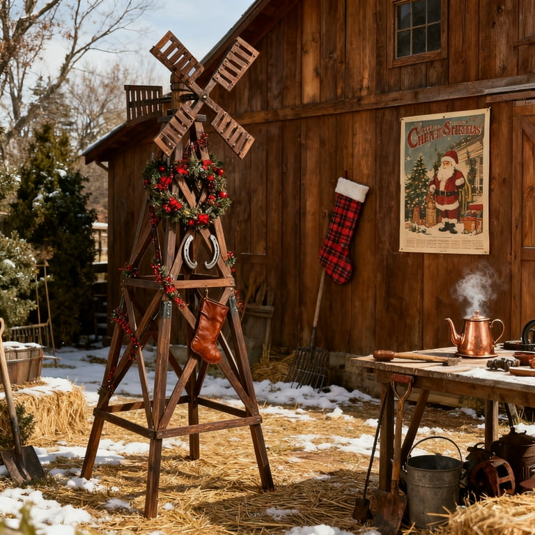 Ktaxon 7ft Large Carbonized Wooden Windmill, 2-Tier Cross Lattice
