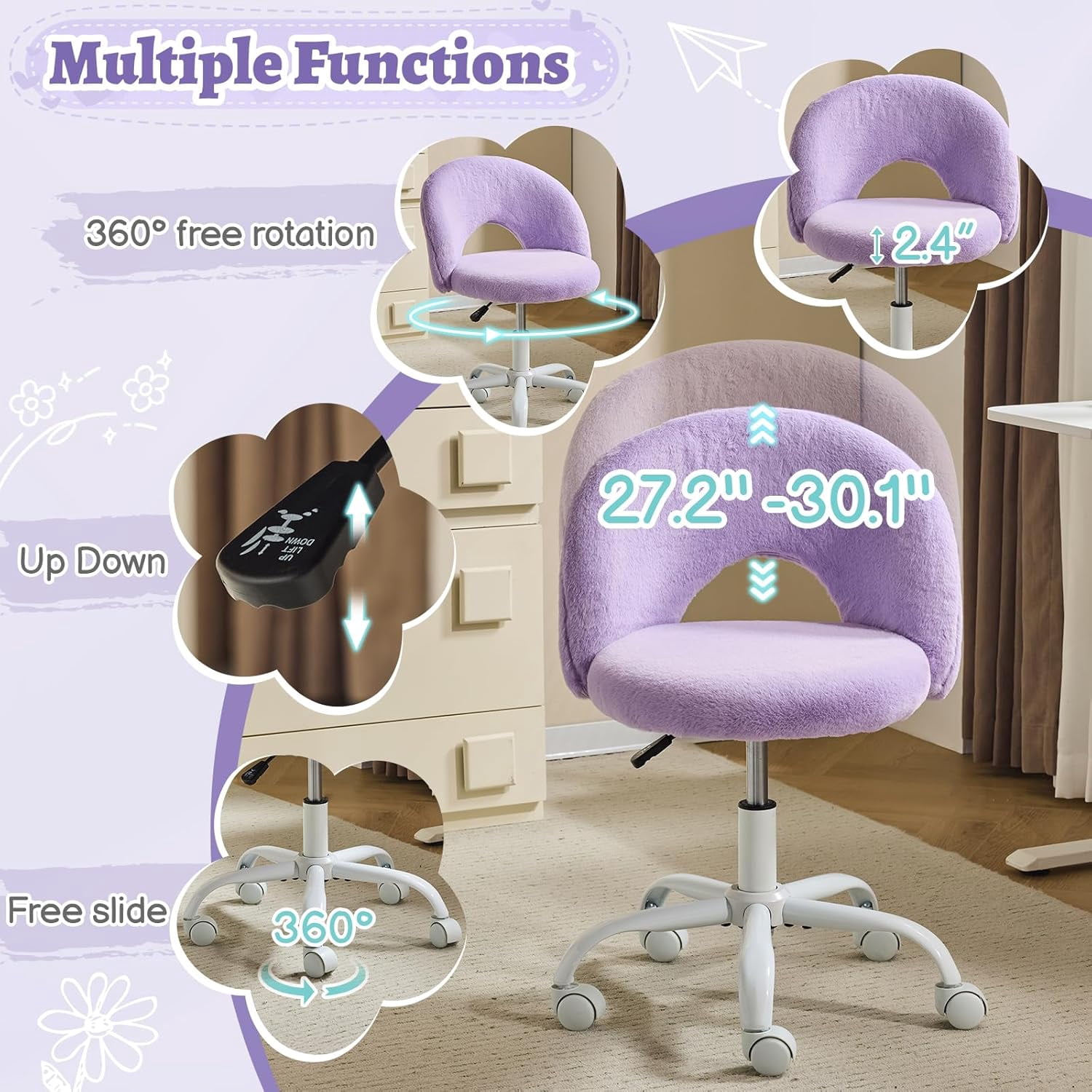 VINGLI Small Vanity Chair with Wheels for Girls.Cute Modern Adjustable Height Armless Office Desk Chair.360°Swivel Comfy Rolling Chair for Study, Make up Room,Small Space,Linen White