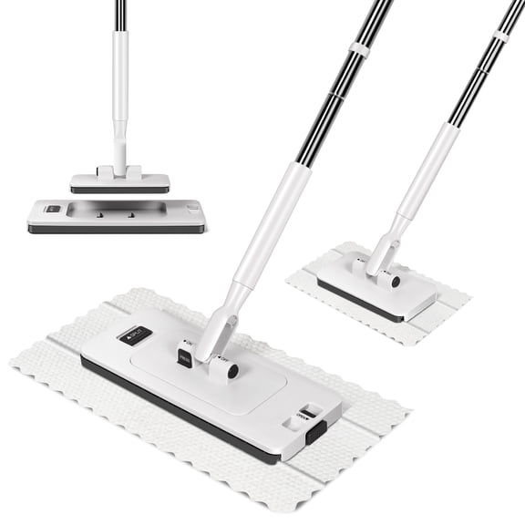 Upgraded Snap Grip Mop, Flat Mop with 2 Reusable Cloths, Retractable Disposable Dust Mops for Multi Cleaning
