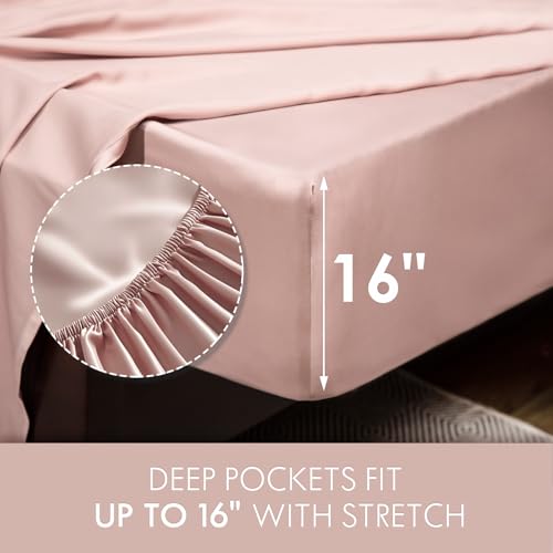 ClevaHome 100% Organic Cooling Bamboo Bed Sheets, 4 Pieces Queen Sheets Set, Luxuriously Soft, Cooling, Double Stitching, 16" Deep Pockets (Queen, Pink)