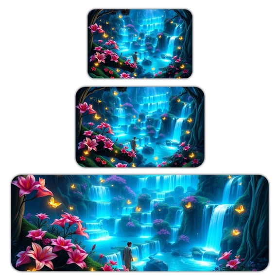 RKSupls Kitchen Rug Set 3 Piece Anti-Slip Flannel Floor Mats, Fantasy Waterfall Forest Washable Absorbent Runner Mats for Kitchen Bathroom Home Decor