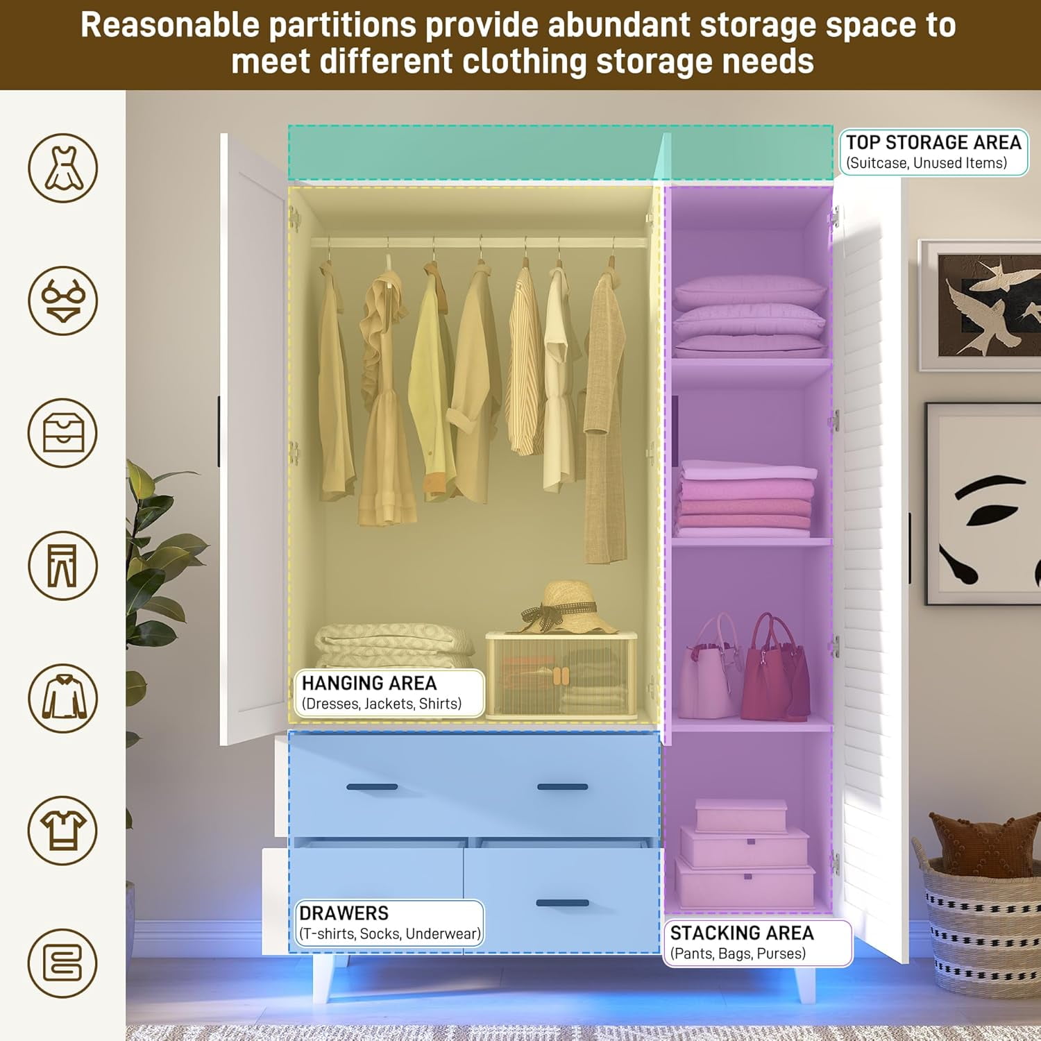 Blotout 70" Armoire Wardrobe Closet with Mirror & LED Lights, LED White Louver Door Wardrobe Armoire with 3 Drawers & Hanging Rods, Large 3 Doors Armoire Storage with Multi-Layer Shelves