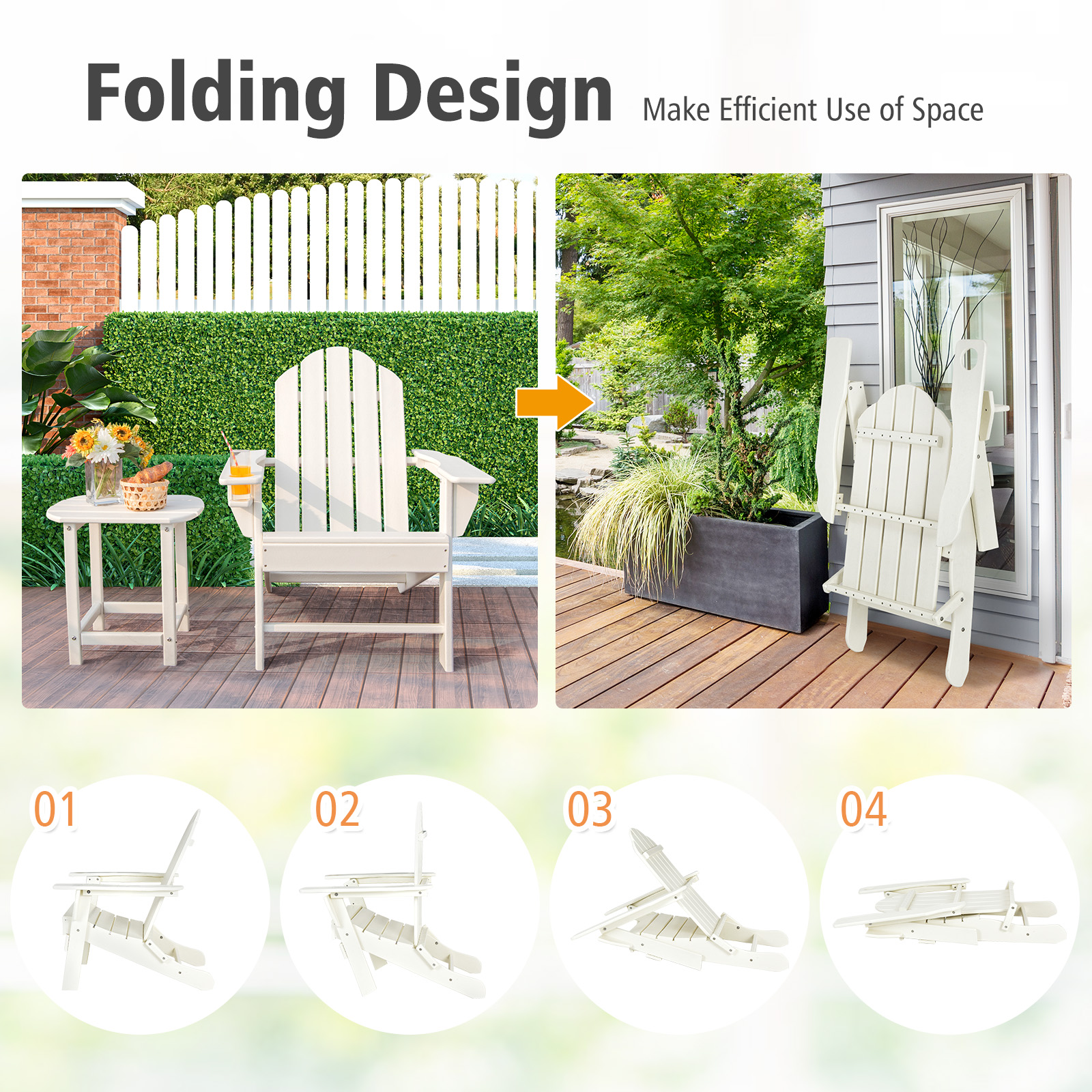 Patiojoy Patio 3PCS Adirondack Chair Side Table Set Outdoor Chair Set with End Table Weather Resistant Cup Holder for Backyard Garden White - image 5 of 7