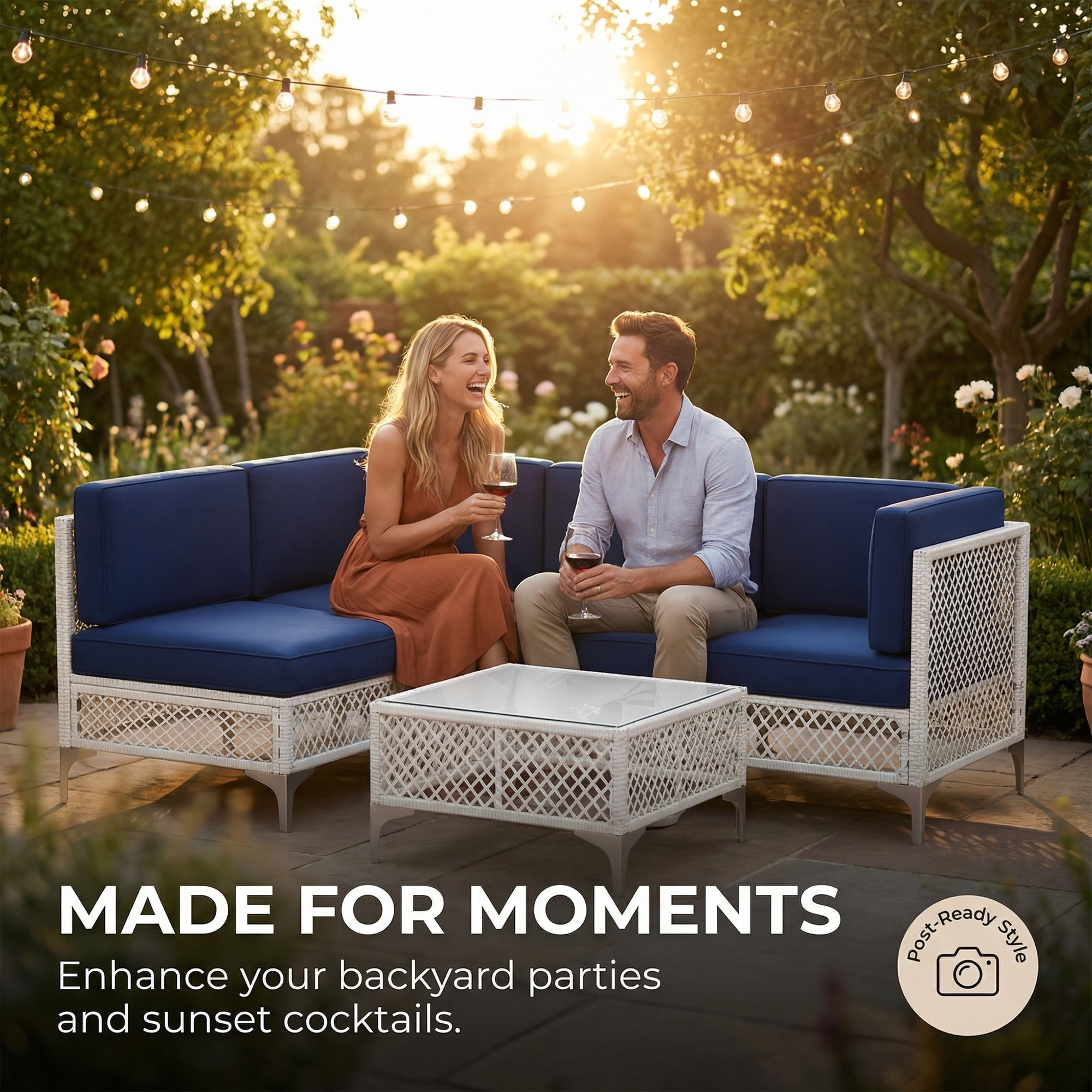 LAZZO 5-Piece Patio Furniture Set, Outdoor Wicker Conversation Set with Thick Cushions & Coffee Table for Backyard and Garden, Blue