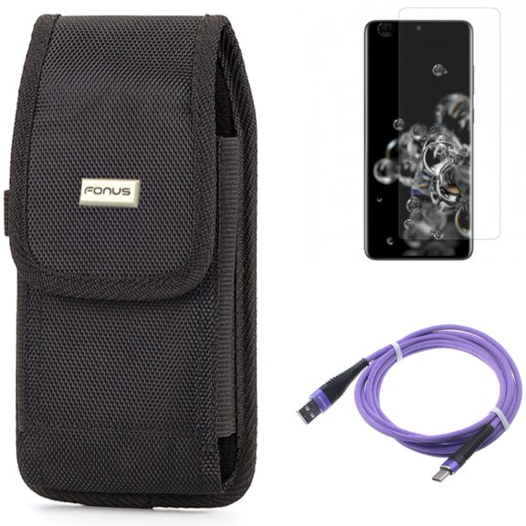 Case Belt Clip w Screen Protector w 10ft USB Cable for Samsung Galaxy S20 Ultra - Rugged Holster Canvas, Tempered Glass [Fingerprint Unlock] 3D Curved Edge, Purple Type-C Charger fits Galaxy S20 Ultra