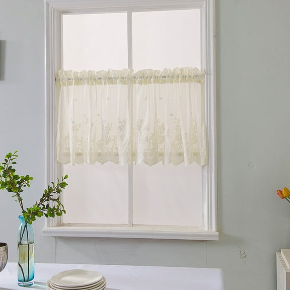 Bouanq Lace Valance Curtains for Windows White Embroideried Floral Curtains Valance Lace Cafe Curtain Sheer Window Valance Kitchen Curtain