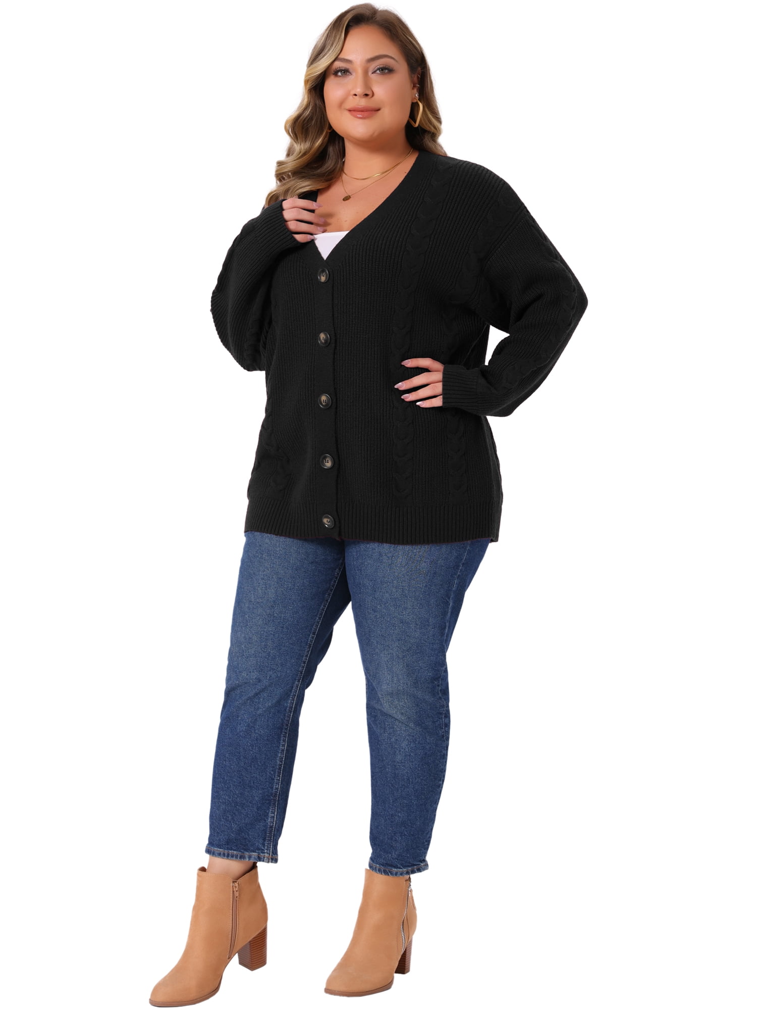 DARING DIVA Women's Plus V Neck Button Down Sweater Oversized Jacket 4X Black