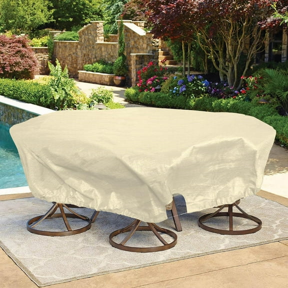 14 FT Round Patio Furniture Cover Outdoor Table Chair Set Covers Car Cover Trampoline Cover Wire Rope Hemmed All Edges, Sturdy Cover for Outdoor Furniture Set (Beige)
