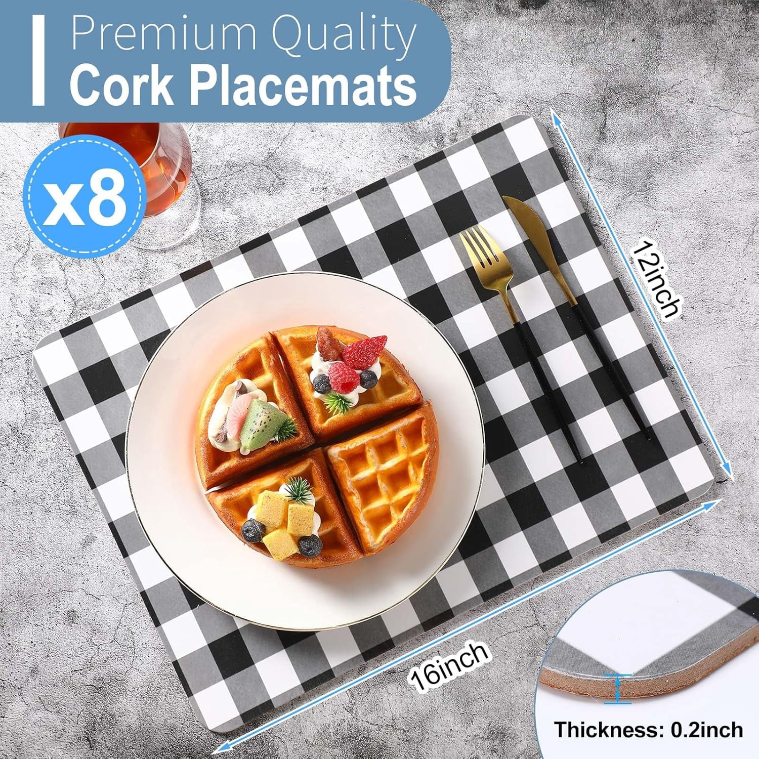 Plaid Cork Placemats Set of 8 Gingham Placemats 16 x 12'' for Kitchen and Dining Tables Heat Resistant Hard Thick Cork Backed Easy Clean Table Mats