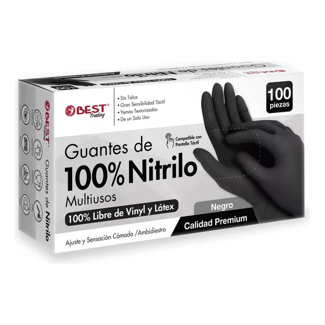 100 Guantes Nitrilo Premium Negro Libre De Látex Sin Polvo