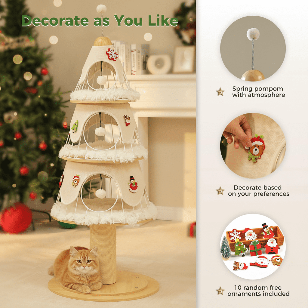 PAWZ Road 51.2" Christmas Cat Tree for Indoor Cat Modern Cat Tower with 3 Cat Condos and Scratch Post, White