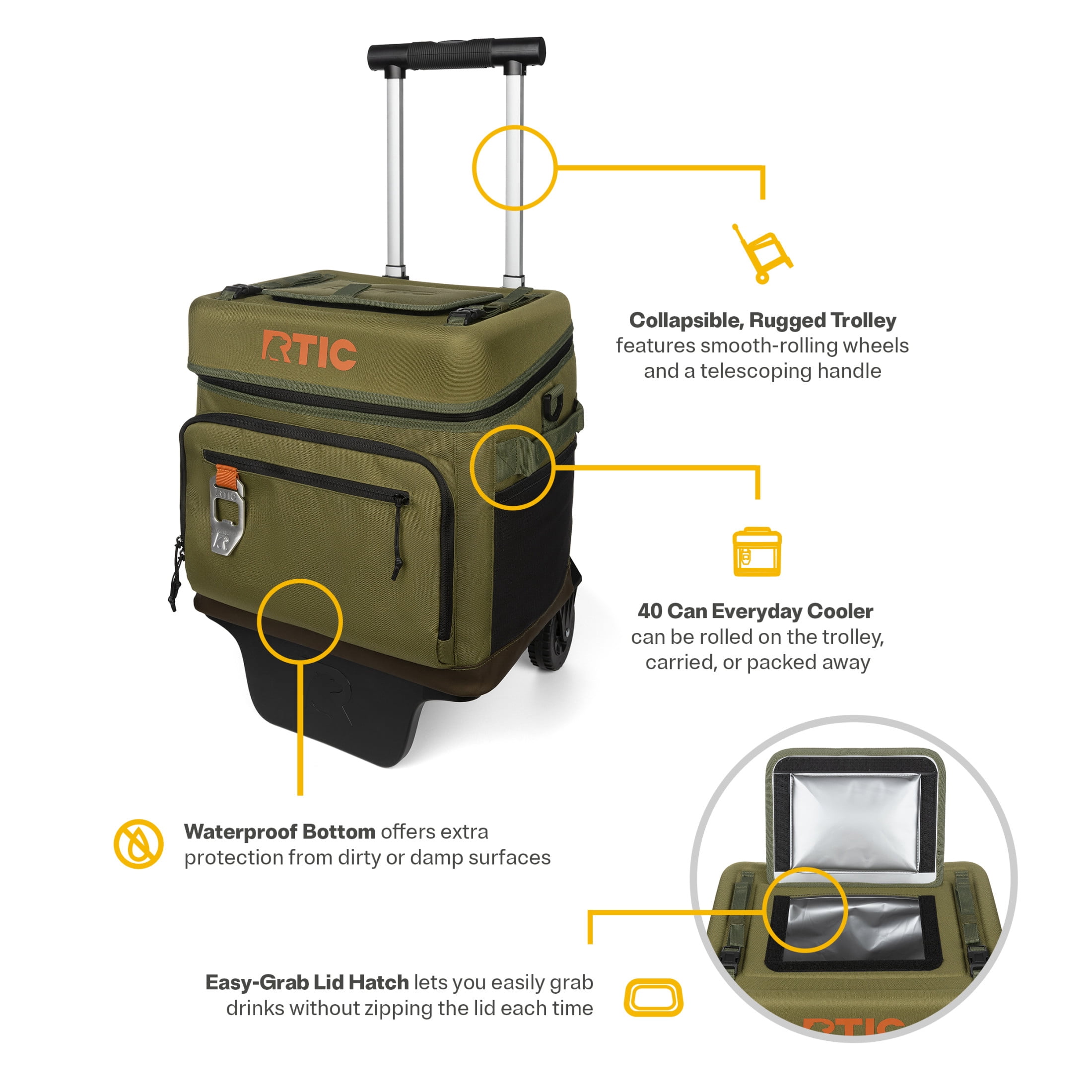 RTIC 40-Can, 21 Qt, Collapsible Wheeled Cooler with Bottle Opener, Olive