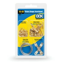 Ook Picture Hanging Kit, 50 lbs, Steel Picture Hooks, Wire, and Screw Eyes, Brass, Gold, 50 pack