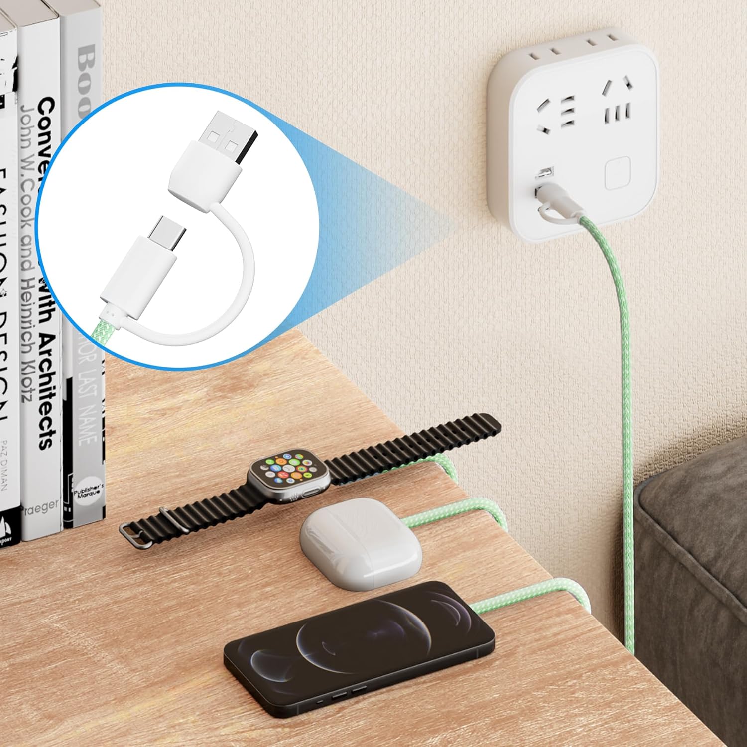Charging USB C Watch Phone Charger 3 in 2 Cable, Compatible with Apple Watch Ultra SE Series 1-8, Universal Travel Multi Devices All in One Cord, 4FT/1.2M-Blue