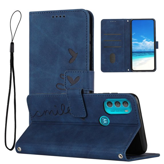 For Motorola Moto G71 Wallet Cover 5G, PU Leather Kickstand Credit Card Pocket Slots Wrist Strap Magnetic Folio Heart Patterned Embossed Flip Cover for Motorola Moto G71 5G, Blue