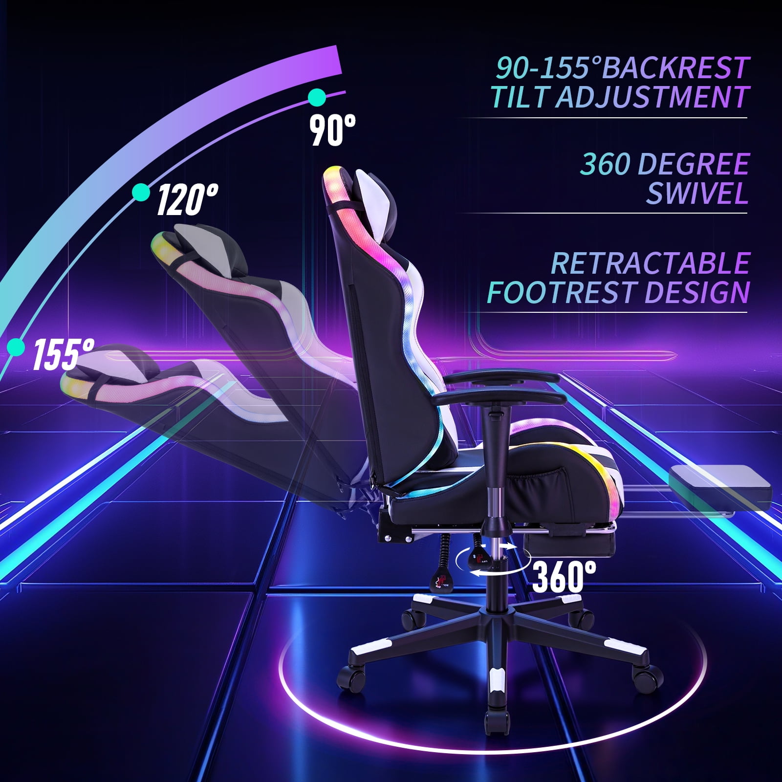 Hoffree LED Gaming Chair for Kids 8-14 Gaming Chairs for Teens with Adjustable Headrest and Lumbar Support Ergonomic PU Leather Kids Gaming Chair with Led Lights