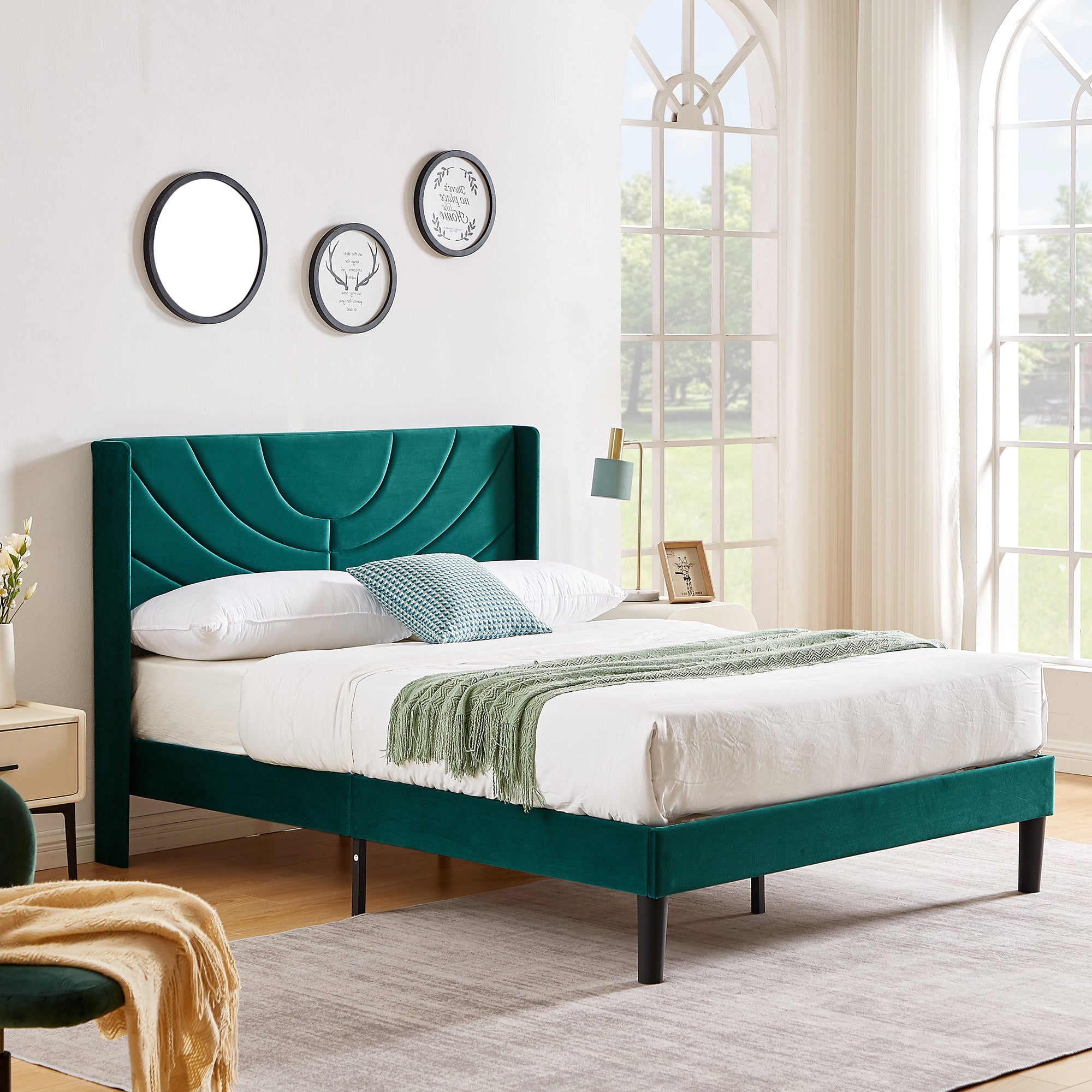 Taomika, Full Size Upholstered Height-adjustable Platform Bed Frame with Wingback Headboard-Dark Green
