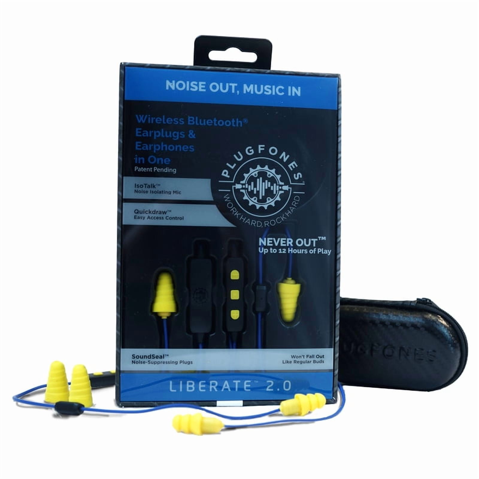 Plugfones Liberate 2.0 Wireless Bluetooth In-Ear Earplug Earbuds- Noise Reduction Headphones with Noise Isolating Mic and Controls (Blue & Yellow)
