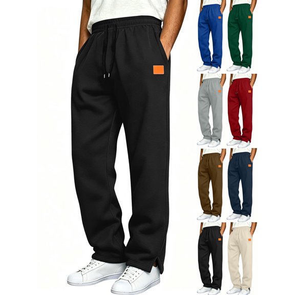 Straight Leg Sweatpants for Men,Drawstring Loose Solid Color Casual Pants with Pockets and Side Slit Ankle for Sports and Traveling
