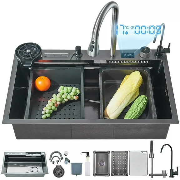 Matte Gray Flying Rain Stainles Steel Watefall Kitchen Sink with Pull Down Faucet 29.52inch