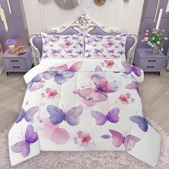 Homewish Lovely Dreamy Butterfly Bedding Comforter Set,Watercolor Splatter Ink Twin Comforter Sets,Pink Purple White Bedding Set For Kids,Luxury Bedroom Decor Reversible,2-Piece