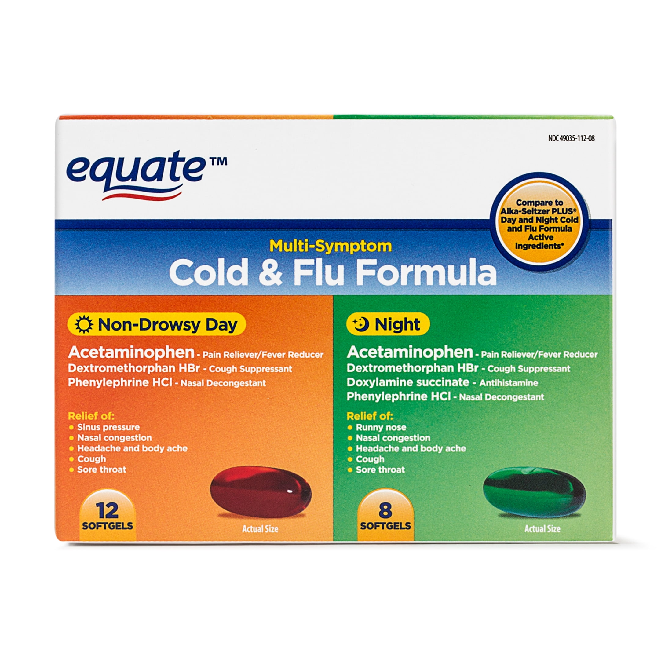 Equate Cold & Flu Formula, 12 NonDrowsy Softgels, 8 Night Softgels