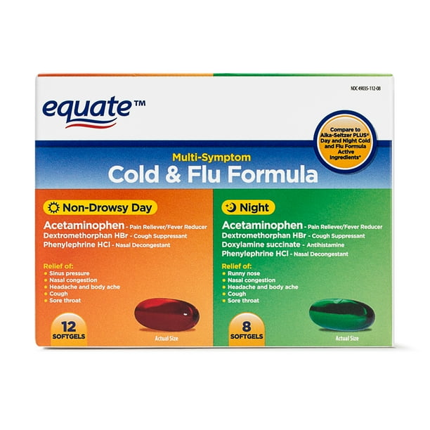 Equate Cold & Flu Formula, 12 NonDrowsy Softgels, 8 Night Softgels