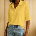 thumbnail image 4 of hoksml Women Half Button Mid Sleeve Collarted Shirt Cotton Linen Solid Loose Casual Top for Office Daily Golf, 4 of 8