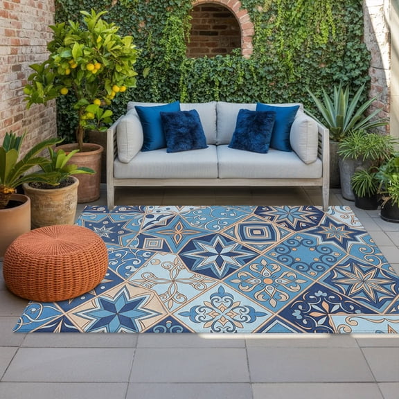 Abstract Geometric Indoor Outdoor Rugs 4x6 Ft, Blue Yellow Flower Checkered Patchwork Outdoor Patio Rugs Mat Washable Outside Area Rugs Carpet for Porch Deck RV Camping Pool Balcony Backyard