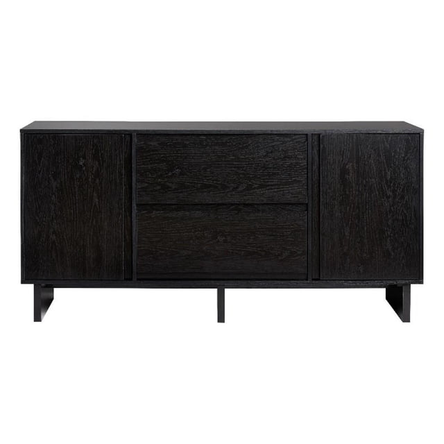 Pemberly Row Modern Beveled 2-Door 2-Drawer Wood Sideboard 63" in black. This minimalist sideboard features a modern design with sleek beveled drawer and door fronts that double as discreet finger pulls. Made from warp-resistant MDF and laminate, it includes two cabinets with adjustable shelves for customizable storage and two central drawers. The sideboard also has a cord management cutout for organizing cables, making it ideal for storing dishes, books, or media equipment. Dimensions: 29.75" H x 63" L x 15.75" W.