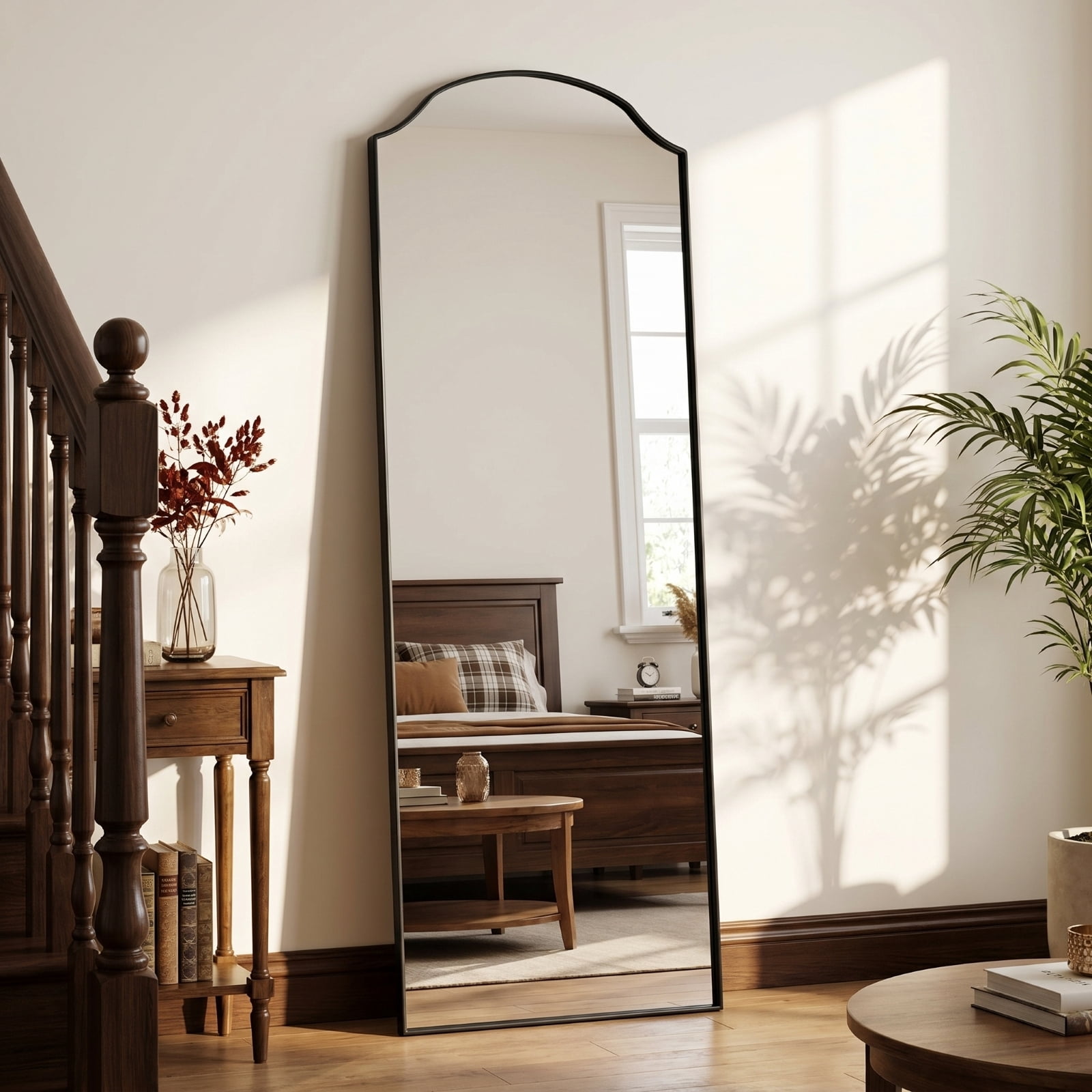 Gleamira 24"x65" Arched Full Length Floor Mirror Unique Top Wall-Mounted Leaning Mirror with Metal Frame, Black