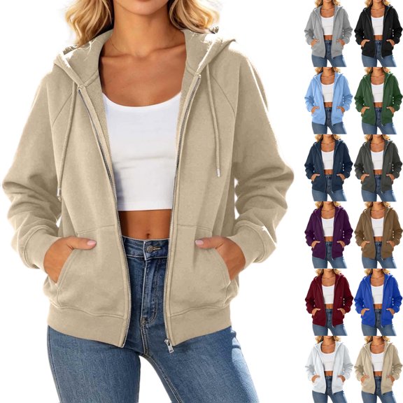 Fashion Plus Size Pullover Hoodie for Womens Zip Up Solid Color Pockets Zipper Long Sleeved Regular Top Hooded Sweatshirts Coat Outwear 50% off Clearacne!