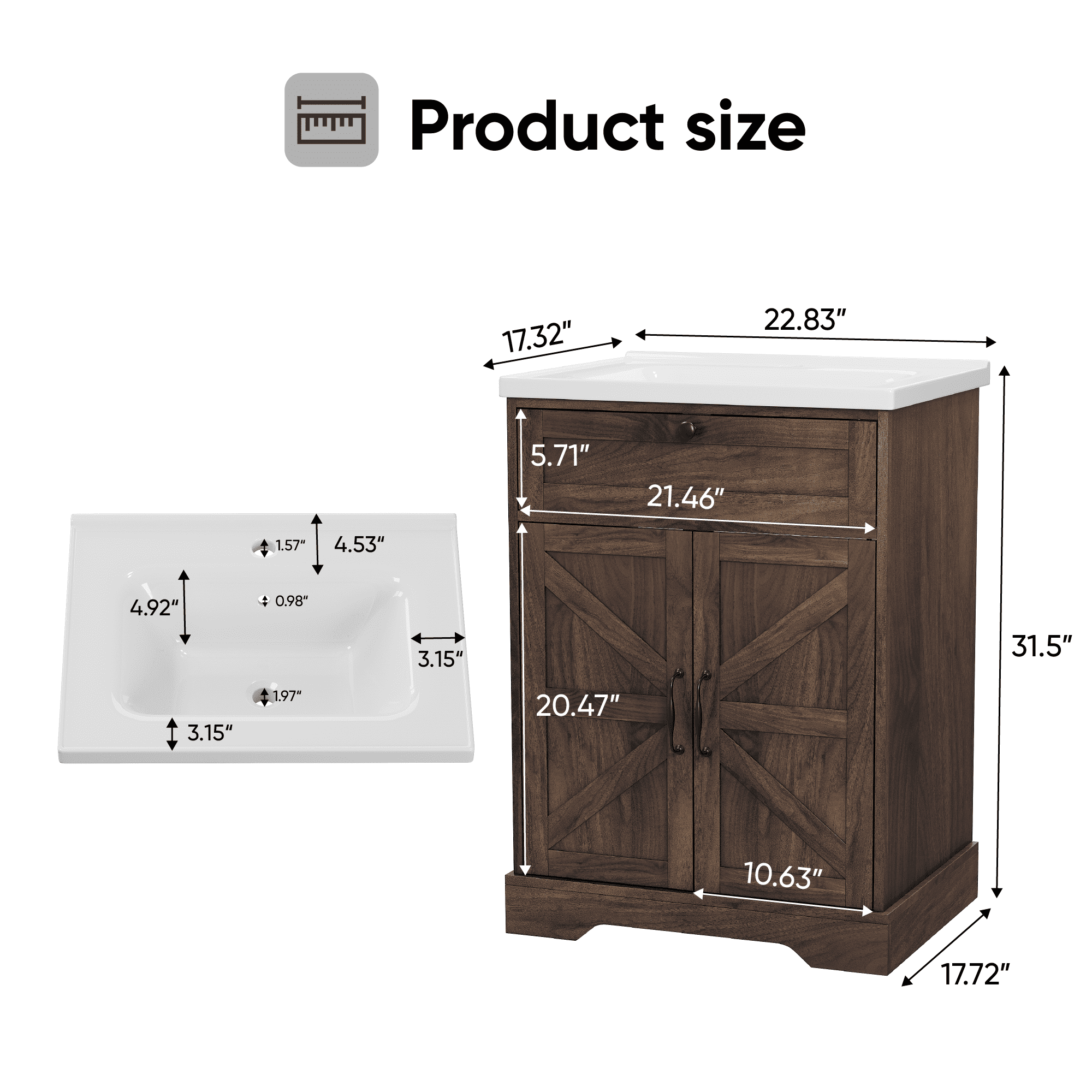Smuxee 24" Bathroom Vanity with Integrated Sink Top, Bathroom Storage Cabinet with Flip Drawer & Doors, Walnut