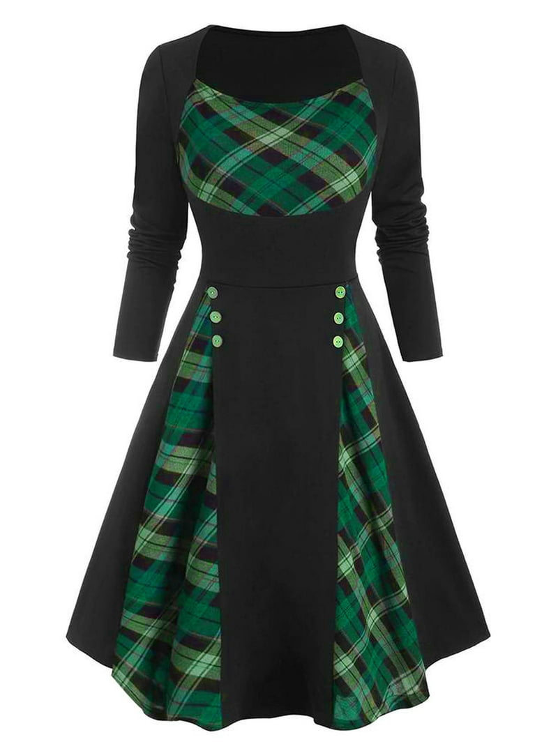 DYMADE Women Check Printed Vintage Square Neck Stitching Elegant A-line  Dress - Walmart.com