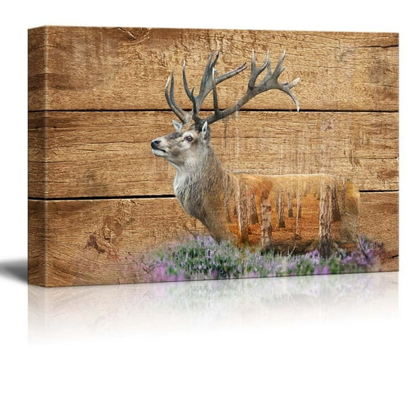 wall26 - Double Exposure Rustic Canvas Wall Art - Elk in The Woods - Giclee Print Modern Wall Art | Stretched Gallery Wrap Ready to Hang Home Decoration - 32x48 inches