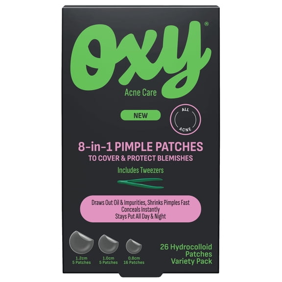 Oxy 8 IN 1 Pimple Acne Patches, Invisible, Sweat & Waterproof Hydrocolloid Zit Covers Protect & Shrink Pimples, Fast On Face & Body, 26 Count in 3 Sizes, Tweezers Included
