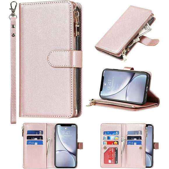 MISSUNNY Wallet Case Compatible with iPhone XR Case,[9 Card Slots] [Wrist Strap] [Stand Feature] Zipper Cash Pocket Magnetic Leather Cover Shockproof Slim Case for iPhone XR,6.1 inch Rosegold