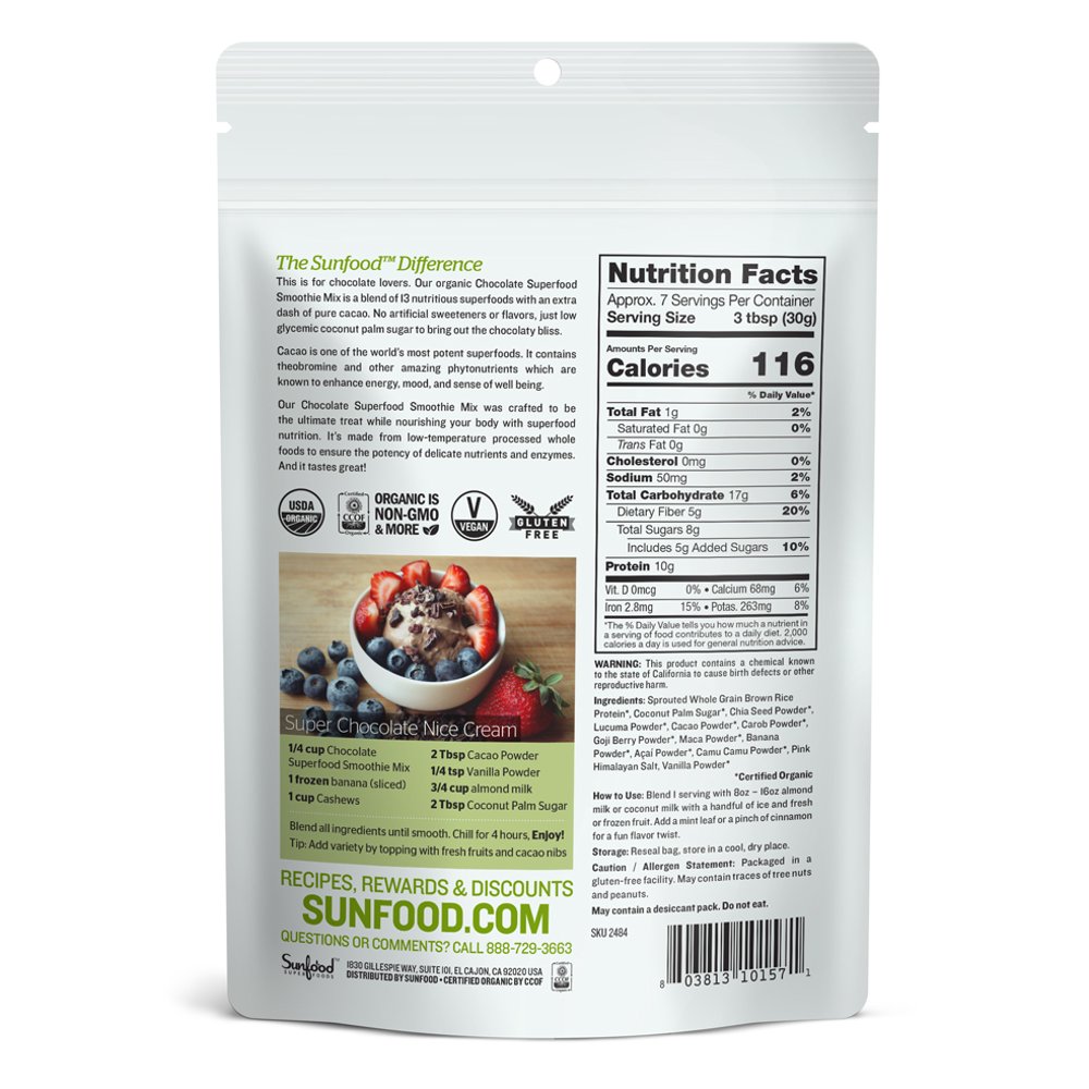 Sunfood Superfoods Organic Superfood Smoothie Powder, Chocolate, 8.0 Oz