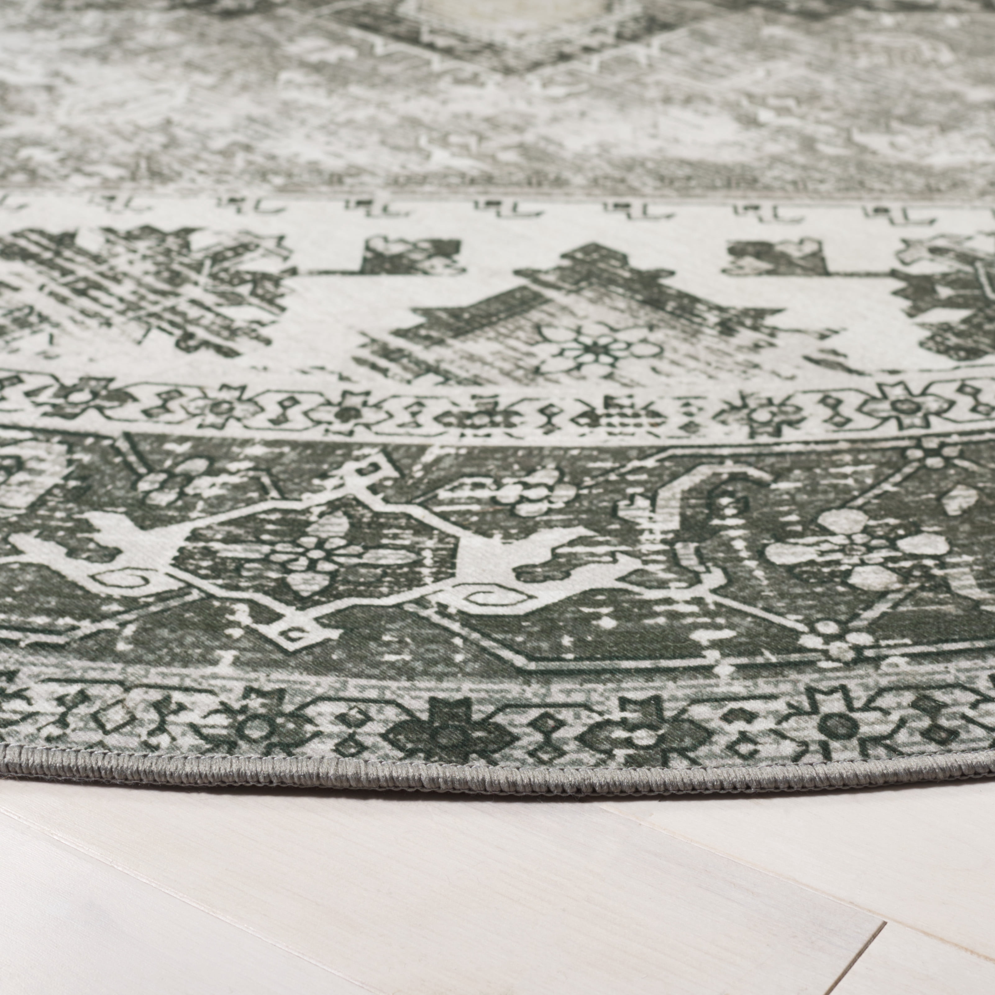 SAFAVIEH Tucson Jayla Oriental Machine Washable Area Rug, Dark Sage/Ivory, 4' x 4' Round