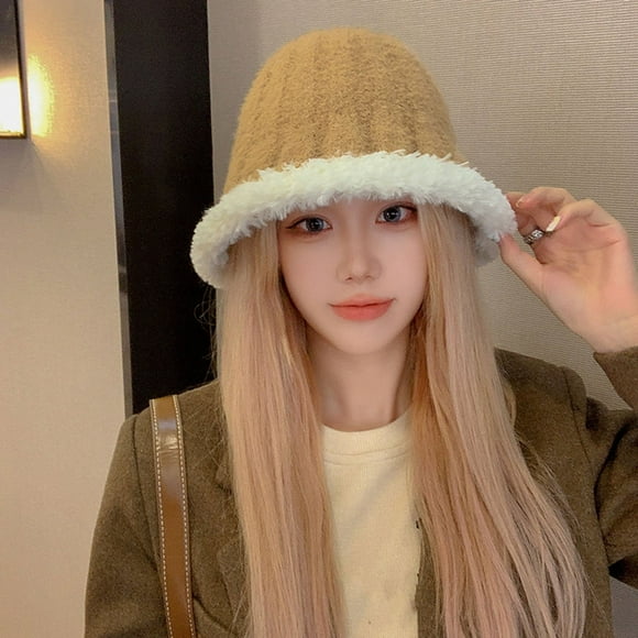 YAOBAMM Lady Bucket Cap Women Winter Fisherman Hat Knitted Soft Thick Plush Dome Foldable Washable Windproof Warm Non slip Color Matching Bucket