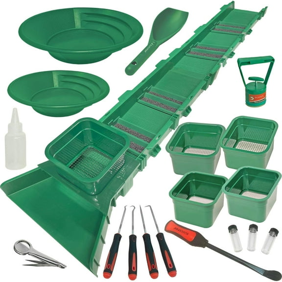 Sluice Fox 53 inch Sluice Box Compact Gold Panning Kit; portable sluice box and 5 classifier sifting pans; huntley spoon; paydirt scoop; classify while you sluice with this patented prospecting tool s
