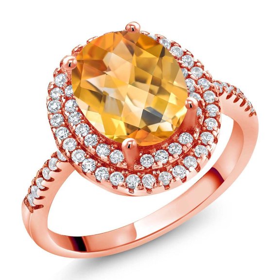 Gem Stone King 18K Rose Gold Plated Silver Halo Engagement Ring Checkerboard Citrine Moissanite (2.08 Cttw)