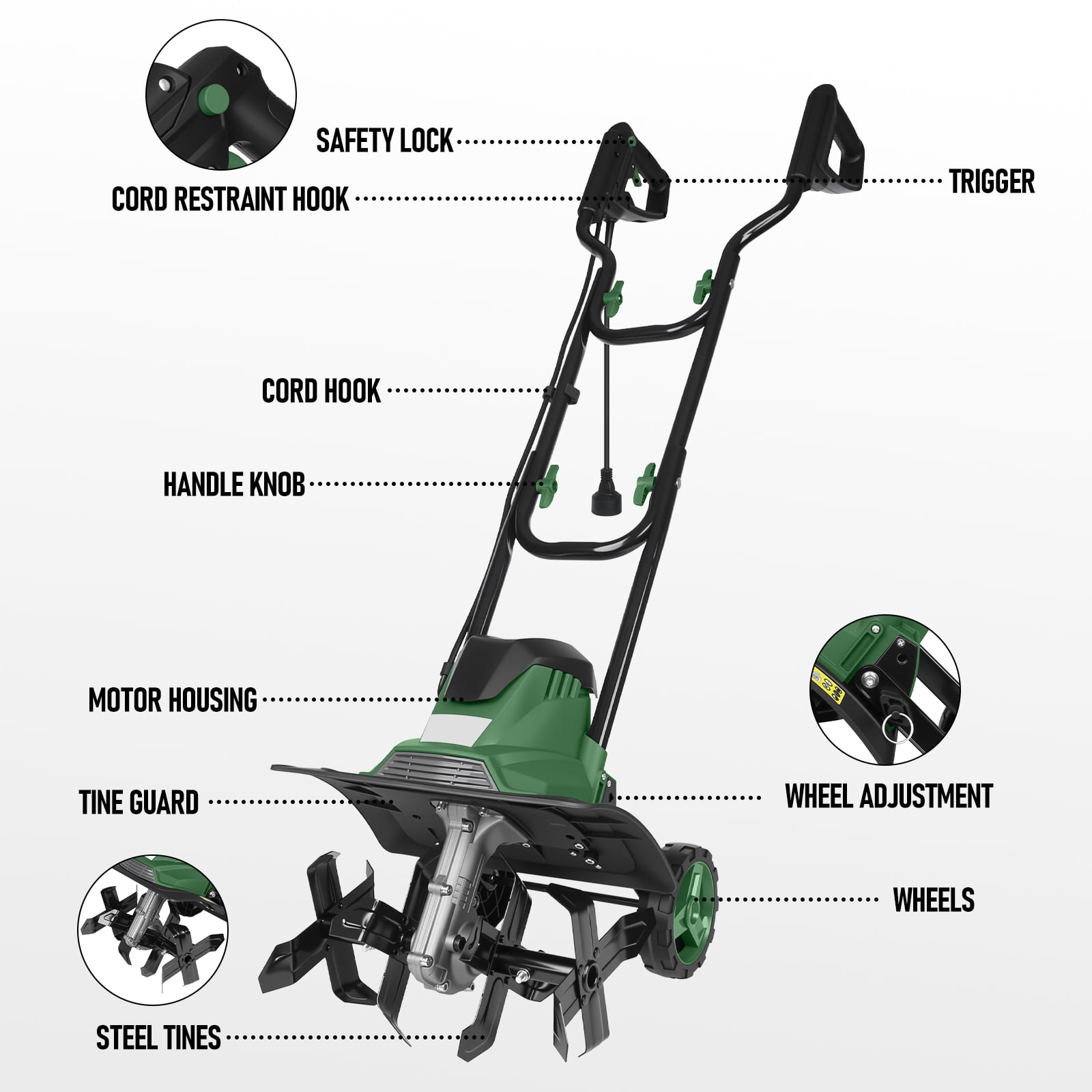 14 Inch Electric Tiller Cultivator, 10 Amp Corded Tiller with Foldable Handle, 4 Steel Tines with Wheels for Lawn, Garden and Field Soil Cultivation