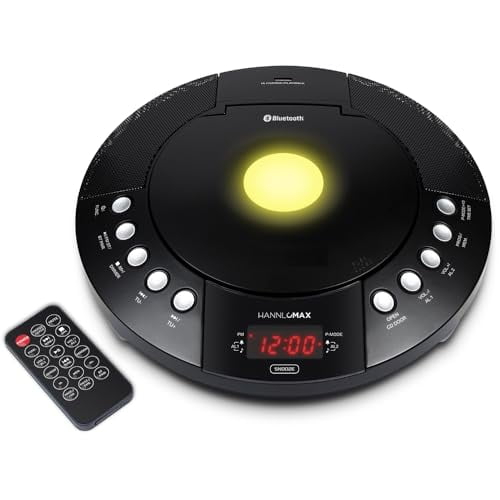 HANNLOMAX HX-330CD Reproductor de CD, Radio FM, Bluetooth, Reloj despertador, Pantalla LED roja, Puerto USB para carga y reproducción de MP3, Entrada auxiliar, Control remoto incluido, Funcionamiento