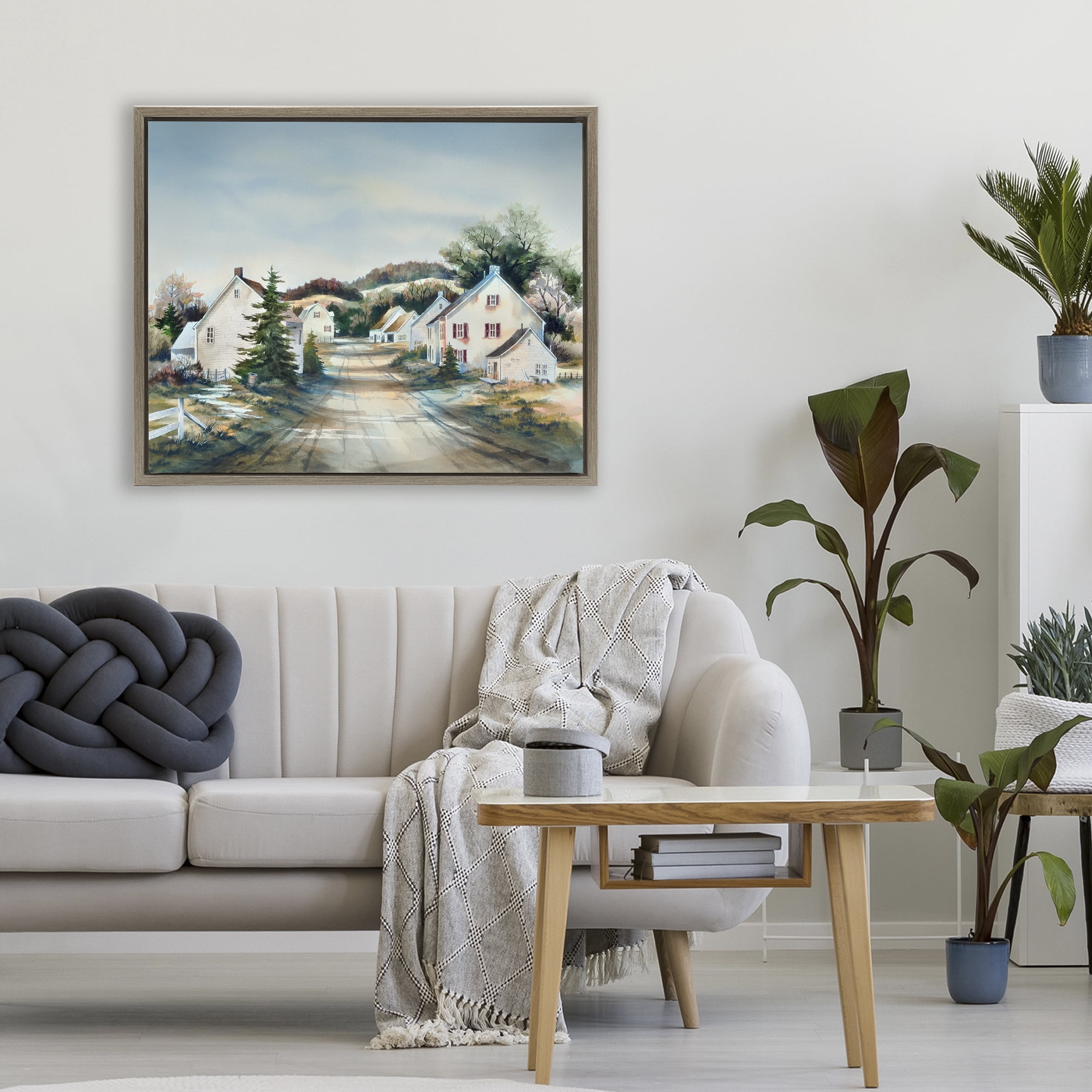 Stupell Industries Tranquil Village Road & Houses Brown Framed Floater Canvas Wall Art, design by Owen Wexler