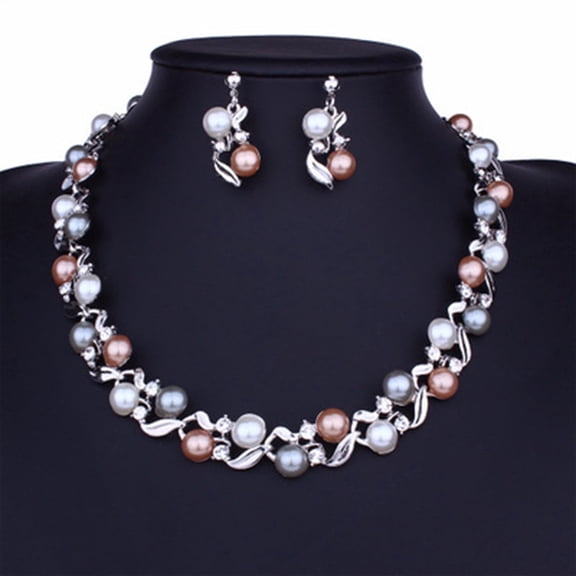 Imitation Pearl Necklace And Earring Set Women Faux Pearl Bridal Jewelry Set With Rhinestone Lady Wedding Jewelry Set,Silver